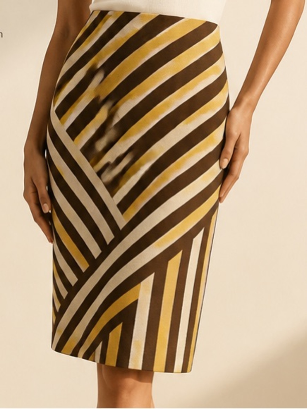 Striped Diagonal Pencil Skirt in Mustard, Chocolate & Cream